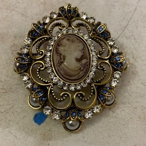 Ornate Cameo Brooch with Blue and Gold Details
